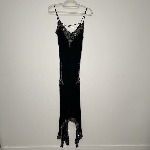 Vintage Stenay Beaded Slip Dress Womens 12 Silk Formal Gown Y2K Black Fairy - Picture 1 of 11